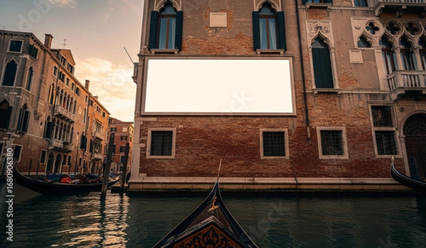Fototapeta A large, blank white billboard is mounted on a classic brick building above a canal in Venice, Italy, offering a beautiful and unique mockup for advertising.