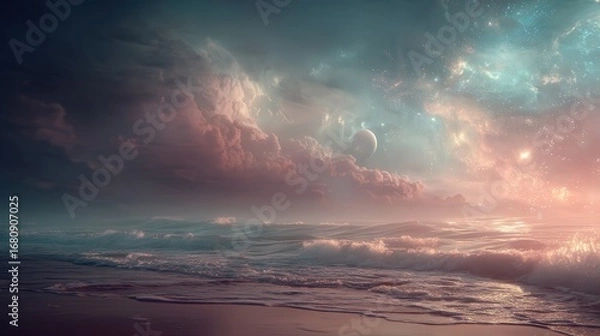 Fototapeta Surreal Ocean Waves Beneath a Cosmic Sky