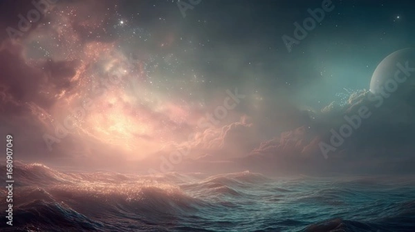 Fototapeta Surreal Ocean Waves Beneath a Cosmic Sky