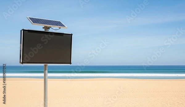 Fototapeta A black, solar-powered emergency call box or information kiosk stands on a beautiful, sunny beach, with the blue ocean and sky in the background.