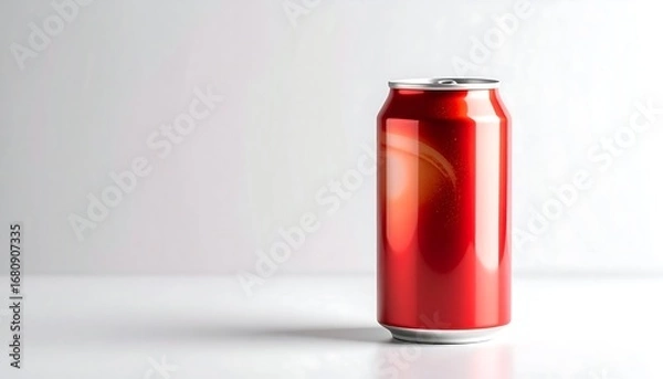 Fototapeta A glossy red beverage can stands alone against a plain white backdrop, showcasing a smooth, reflective surface and subtle design elements.