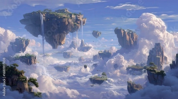 Fototapeta Majestic Floating Islands with Waterfalls in the Clouds