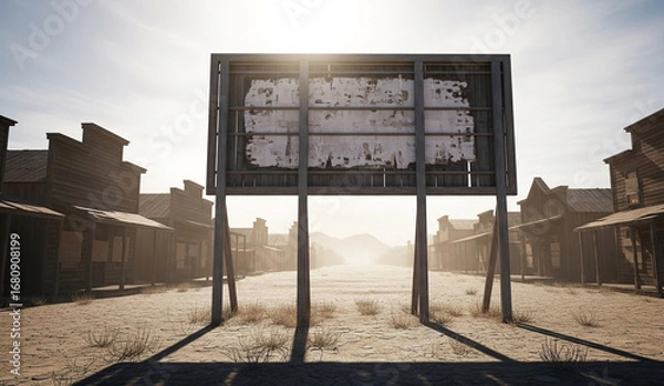 Fototapeta A weathered, derelict, and empty billboard stands in a deserted, post-apocalyptic ghost town, a powerful and moody symbol of decay and forgotten times.