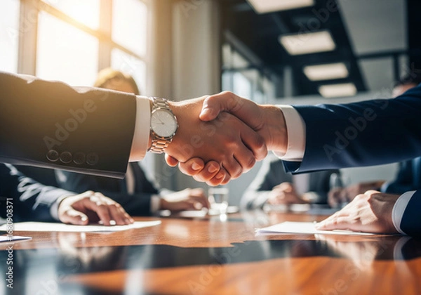 Fototapeta Close-up of a firm handshake between two business partners sealing a successful deal in a corporate meeting