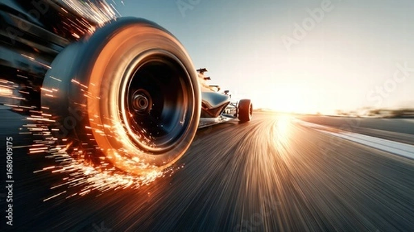 Fototapeta A Formula 1 race car speeds down the track, creating sparks and a blur of motion.