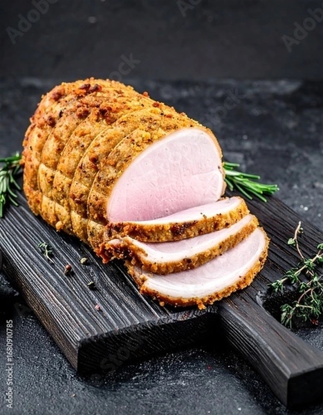 Fototapeta Sliced roasted pork loin, seasoned and presented on a dark wooden cutting board, against a dark backdrop.