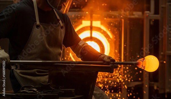 Fototapeta A skilled glassblower in an apron stands before a fiery, glowing furnace in a traditional workshop, holding a piece of molten glass, a testament to this ancient art form.