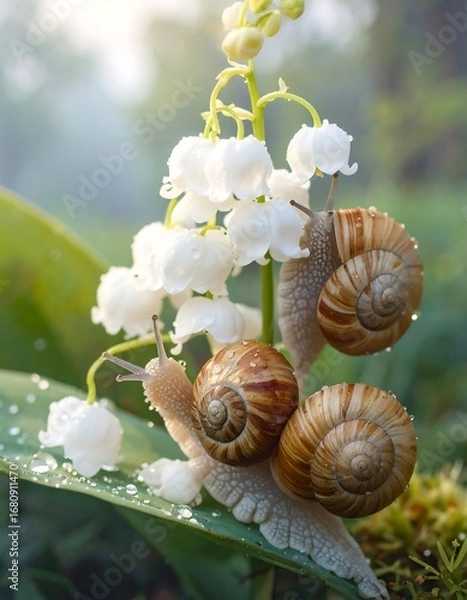 Fototapeta Two snails, delicate and captivating, climb amongst dewy white lilies, showcasing a springtime scene of serene beauty.