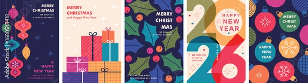 Fototapeta Christmas Minimalist card set - abstract Holidays flyers. Lettering with Christmas and New Year decorative elements. Vector illustration.