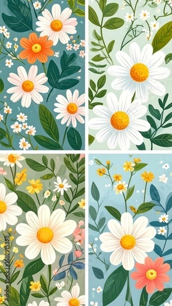 Fototapeta Four floral patterns showcasing a variety of daisies and accompanying foliage in a soft color palette.