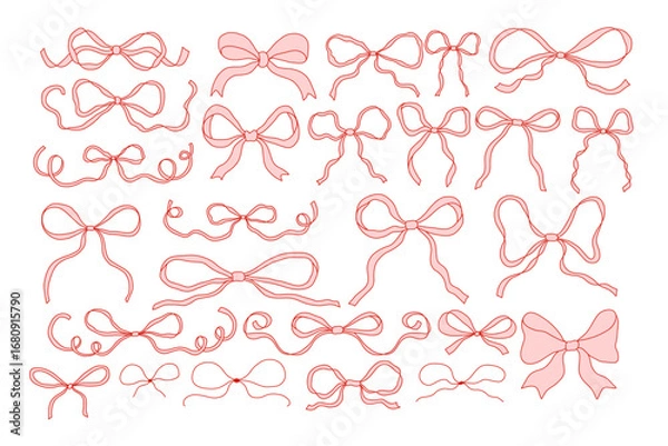 Fototapeta Set of hand drawn ribbon bows in coquette style. Cute feminine decorative elements for wedding digital design, scrapbooking, planners, Christmas invitations, packaging, and social media. Vector art
