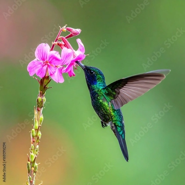 Fototapeta A vibrant hummingbird hovers near a cluster of pink flowers, showcasing its iridescent plumage and delicate feeding action.