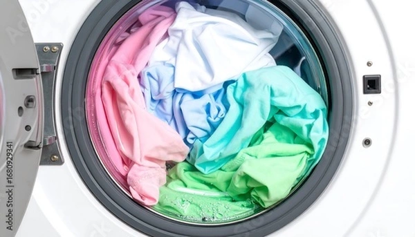 Fototapeta Vibrant colored clothes fill a washing machine's drum, ready for a cycle of cleaning.
