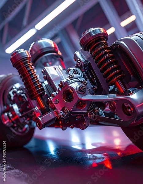 Fototapeta Close-up view of intricate vehicle suspension components, highlighted by dramatic lighting and showcasing a futuristic design.