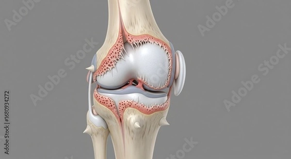 Fototapeta Detailed anatomical cross-section of the human knee joint showing femur, tibia, cartilage, and ligaments on a neutral background