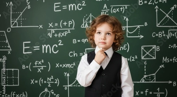 Fototapeta Young boy in formal attire contemplating math equations on a blackboard