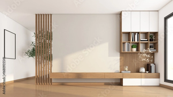 Obraz Living room with built-in TV cabinet and bookshelf. white polished concrete wall and wooden floor. 3d rendering