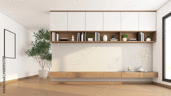 Obraz Living room with built-in TV cabinet and bookshelf. white polished concrete wall and wooden floor. 3d rendering