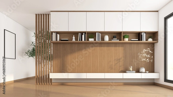 Obraz Living room with built-in TV cabinet and bookshelf. wooden slat wall and white polished concrete wall. 3d rendering