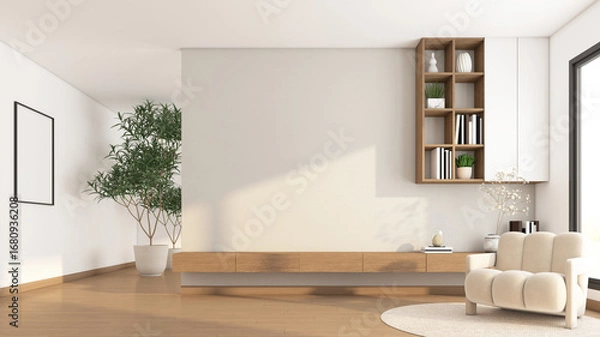 Obraz Modern Japanese-style living room with built-in TV cabinet and bookshelf. white polished concrete wall and white wall, armchair and rug. 3d rendering