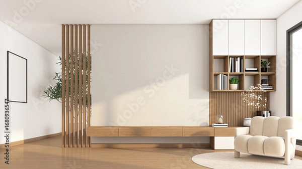 Obraz Modern Japanese-style living room with built-in TV cabinet and bookshelf. white polished concrete wall and white wall, armchair and rug. 3d rendering