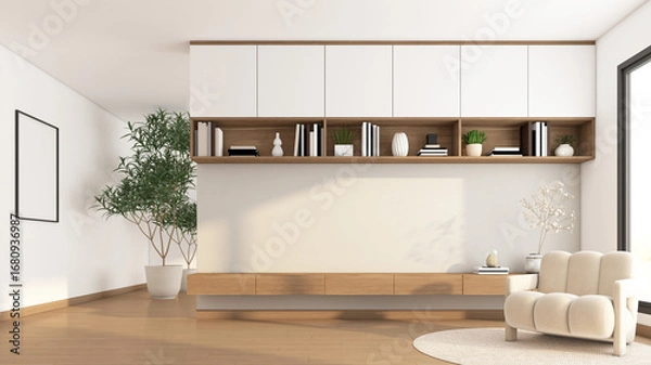 Obraz Modern Japanese-style living room with built-in TV cabinet and bookshelf. white polished concrete wall and white wall, armchair and rug. 3d rendering