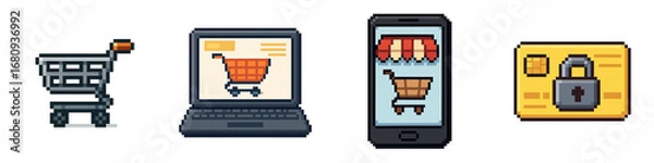 Fototapeta Pixel art shopping icons show sales essentials with black Friday festival theme and secure payment concept