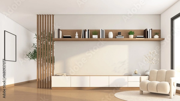 Obraz Modern Japanese-style living room with built-in TV cabinet and bookshelf. white polished concrete wall and wooden floor, armchair and rug. 3d rendering
