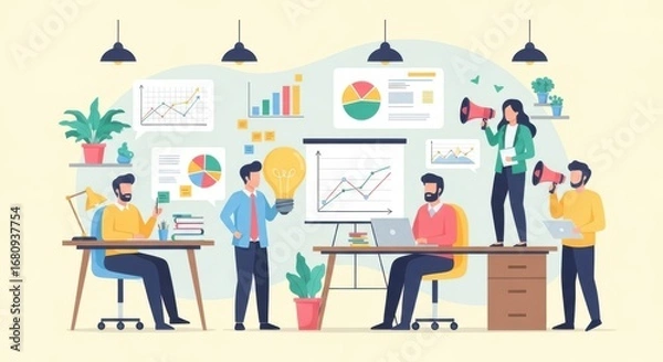 Fototapeta Team collaborating on a business project with charts and graphs in a modern office