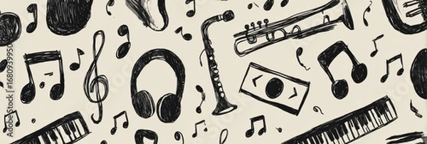 Fototapeta Musical Instruments and Notes Create a Lively Pattern in a Whimsical Black and White Design Featuring Various Musical Elements