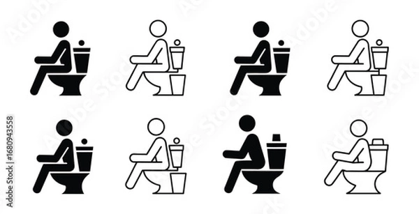 Fototapeta Black and white vector icon set of people sitting on toilet in different outline and solid styles