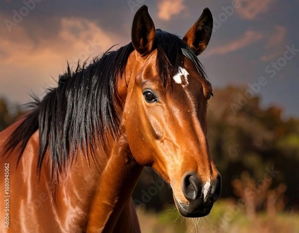 Fototapeta Close-up of a majestic brown horse, head and neck, against a soft, golden sunset backdrop.  The horse's rich coat and striking eyes are highlighted by the warm light.