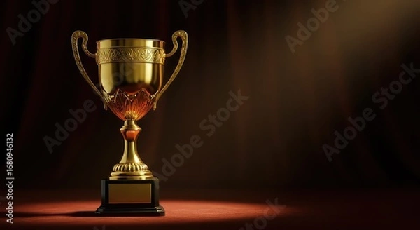 Fototapeta Shining golden trophy on elegant pedestal, symbolizing achievement and victory, perfect for celebrating success and excellence in any competitive field.