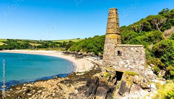 Fototapeta A picturesque coastal scene showcasing a tranquil beach, lush greenery, and a historic stone structure, bathed in bright sunlight.