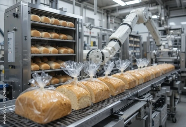 Fototapeta Línea de producción de pan automatizada amasando la masa, horneando panes y cortando el pan antes del envasado robótico en bolsas de plástico