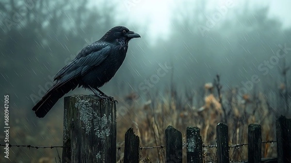 Fototapeta A majestic raven perched atop a wooden post in the rain during a misty autumn photo