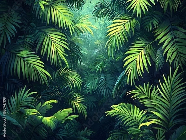 Fototapeta Lush green tropical jungle foliage creates a vibrant and immersive natural background with soft ethereal light filtering through the dense canopy