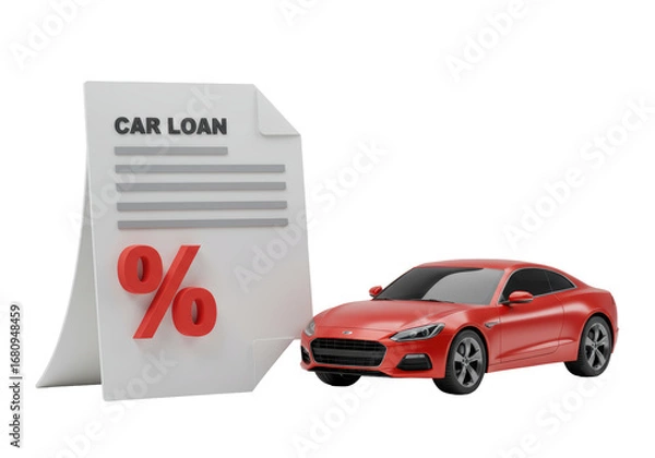 Fototapeta Isolated rendering of car and loan rate report for auto purchase financial planning matters