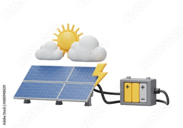 Fototapeta Isolated solar panels generate power storing electricity in battery during cloudy day