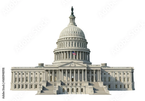Fototapeta Isolated US Capitol Building front view with the American flag waving on the dome