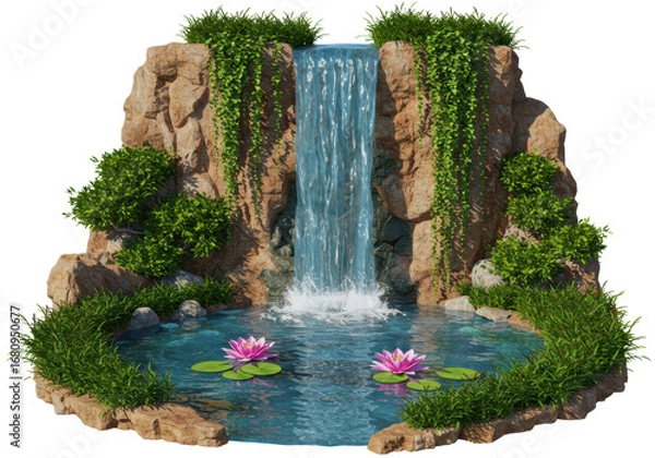 Fototapeta Isolated cascading rock waterfall feature with pond and pink water lilies blossoms