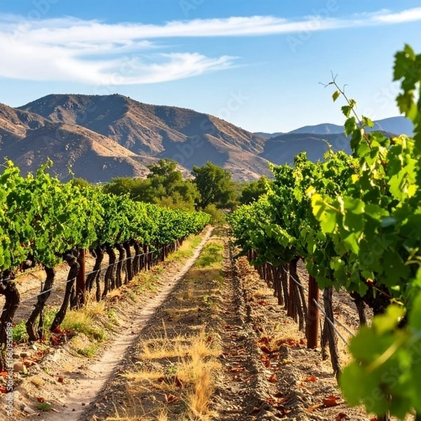 Fototapeta A scenic vineyard pathway winds through lush green vines, stretching towards a backdrop of golden hills under a vibrant blue sky.