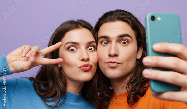 Fototapeta A playful and silly couple takes a selfie, making funny faces with wide eyes and puckered lips, a fun and modern expression of their relationship.