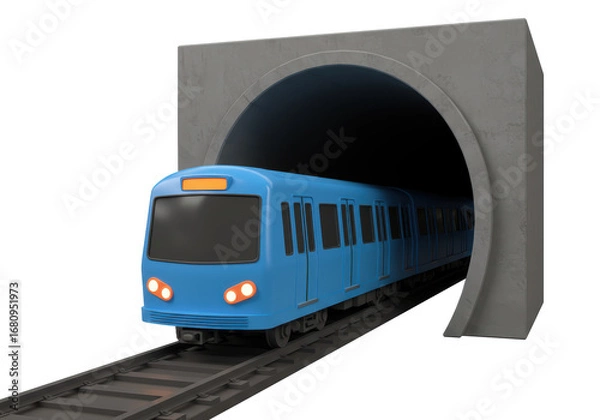 Fototapeta Isolated subway train exiting tunnel, underground public transportation vehicle concept
