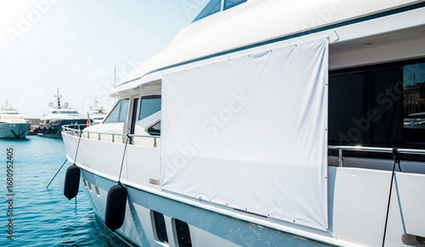 Fototapeta A large, blank white screen or canvas on the side of a luxury yacht, offering a unique mockup for advertising at a marina or on the water.