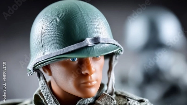 Fototapeta Soldier figurine, with helmet and uniform, stands posed
