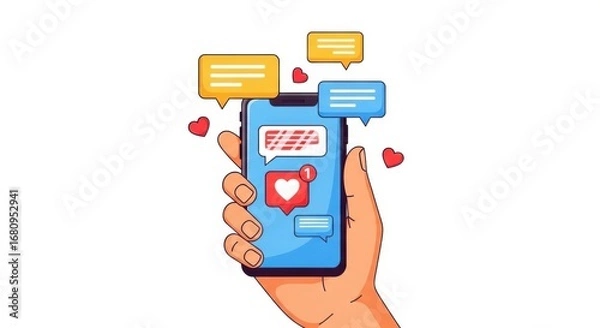 Fototapeta Hand holding a smartphone displaying a heart icon and chat bubbles