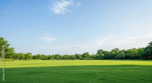 Fototapeta Vast green meadow under a clear blue sky with scattered clouds