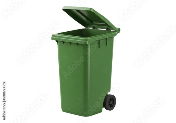 Fototapeta Isolated green recycling bin is standing and has its hinged lid open for discarding waste