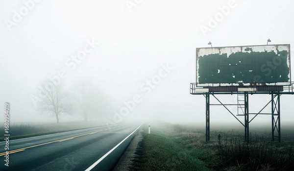 Fototapeta A blank, empty billboard stands on the side of a highway on a foggy, moody day, offering a perfect mockup for roadside advertising.